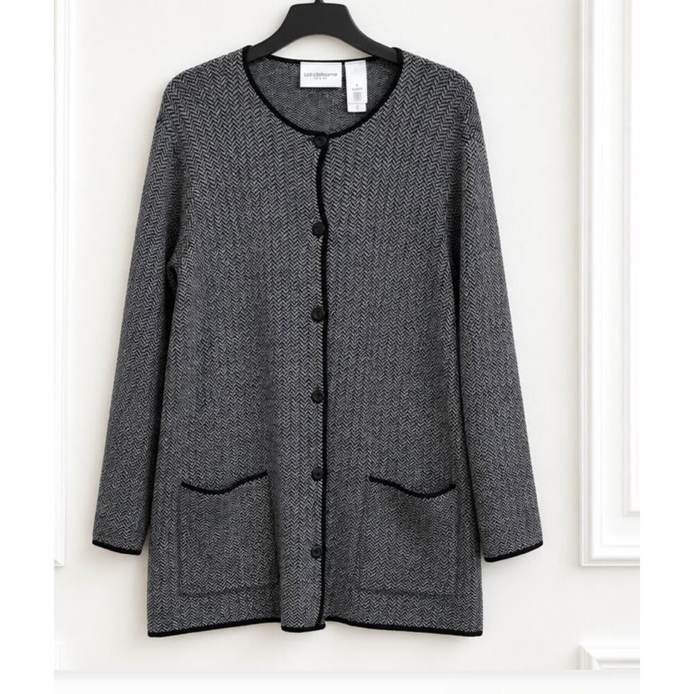 Liz Claiborne Women’s L Herringbone Knit Cardigan Sweater Gray Black Button Up